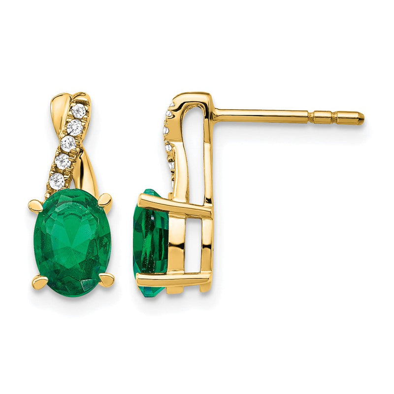 14K Gelbgold Ohrstecker mit 7x5 ovalem Mai/Labor-gezüchtetem Smaragd und Diamant