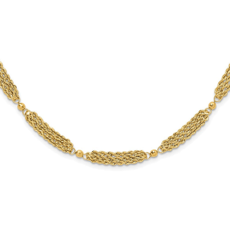 14K Gelbgold Poliert Multi-strand Diamantiert Kordel und Gekugelt 18.25 Zoll Halskette
