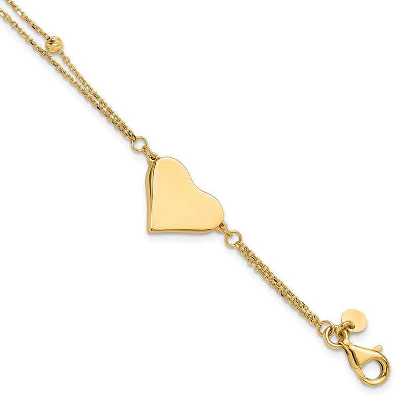 14K Gelbgold Poliert 11x18mm Herz und Diamantiert Gekugelt 2-strand Gliederarmband