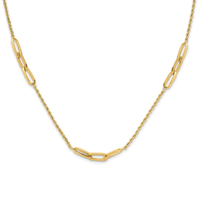 14K Gelbgold Poliert Oval Glieder und Diamantiert Kordel 3-station 20.25 Zoll Halskette