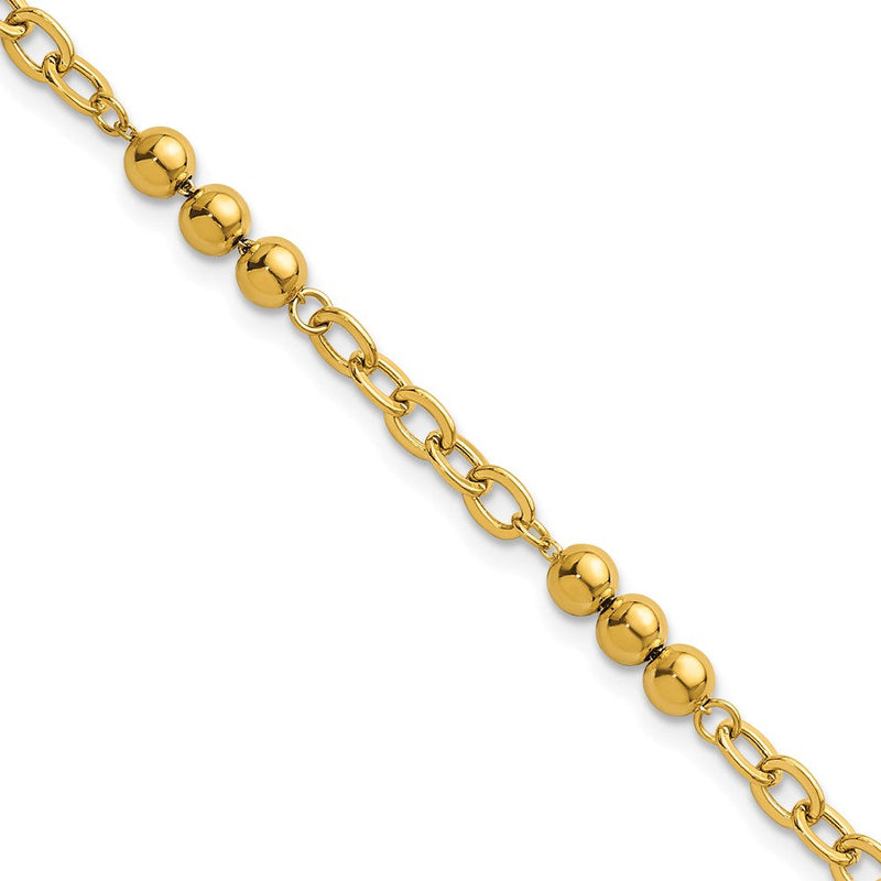 14K Gelbgold Poliert 3.5mm Fantasie Gekugelt und Ankerkette Glieder 7.5 Zoll Armband