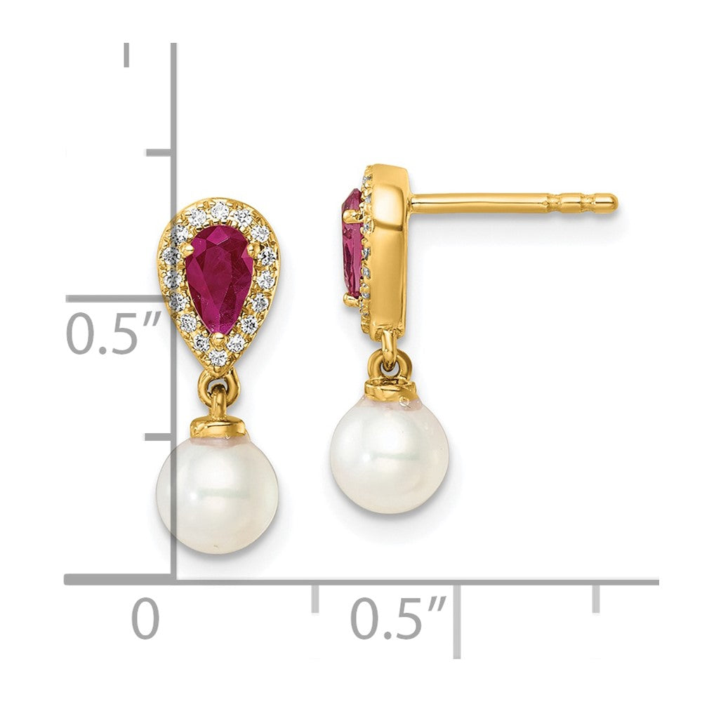 14K Gelbgold Ohrhänger mit runder Süßwasser-Zuchtperle, 0,09 ct. Diamant und Rubin im Tropfenschliff, Steckverschluss