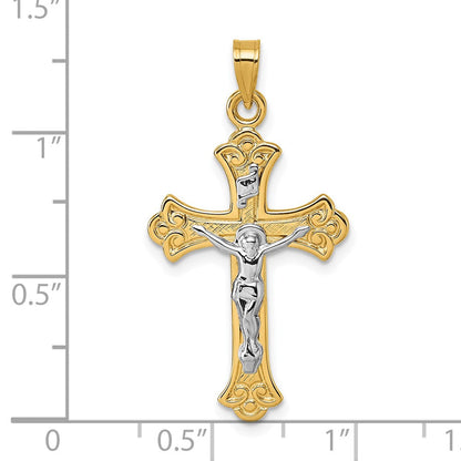 14K Gelbgold mit Rhodium Poliert Fleur De Lis Inri Kruzifix Kreuz Anhänger