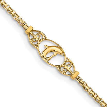 14K Gelbgold Poliert Delfin und Filigran Bismark Kette Fußkettchen