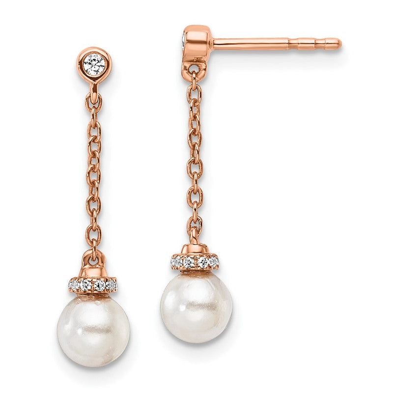 14K Roségold Ohrhänger mit Kette und Stecker, poliert, 0,1 ct. Diamant und weißer Süßwasser-Zuchtperle