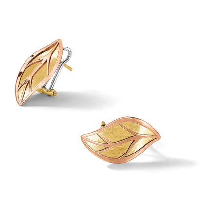 14K Bicolor Gold Bicolor und Poliert und Gebürstet Blatt Omega Rückseite Ohrstecker