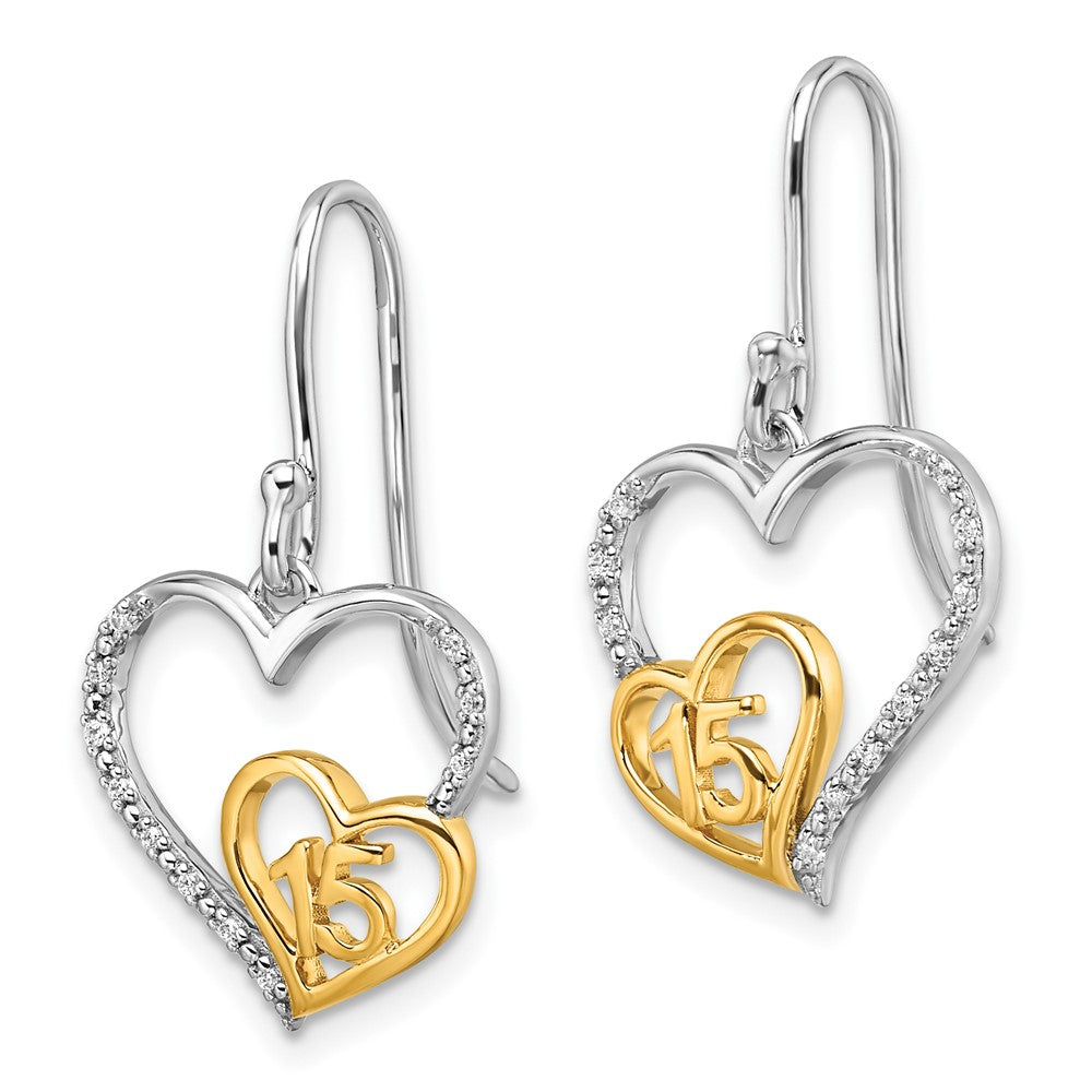 14K Zweifarbiges Gold Poliert 0,05K Diamant Quinceañera 15 Herz-Ohrhänger mit Französischem Ohrhaken