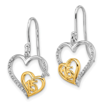 14K Zweifarbiges Gold Poliert 0,05K Diamant Quinceañera 15 Herz-Ohrhänger mit Französischem Ohrhaken