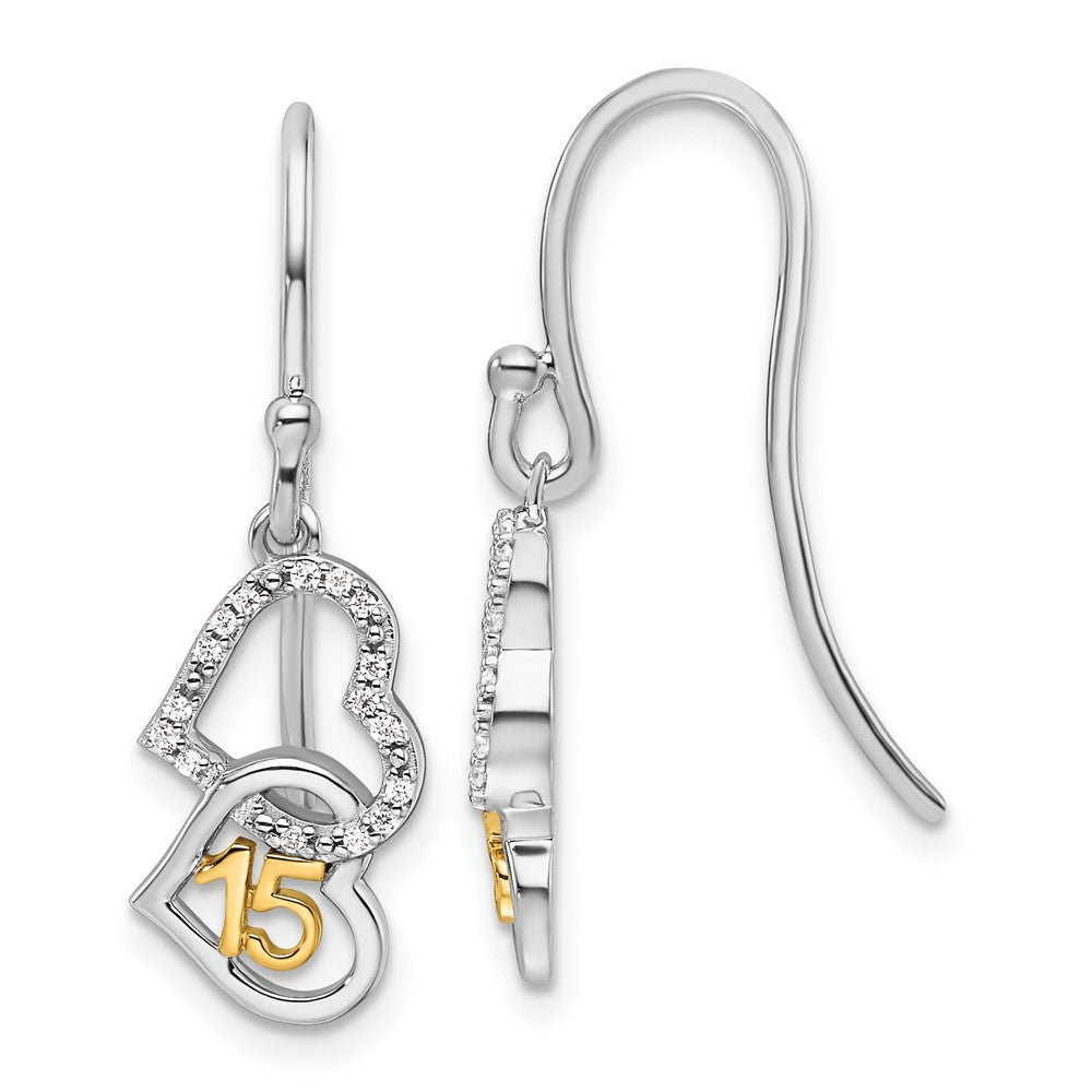 14K Bicolor-Gold Diamant-Ohrhänger „Quinceañera 15" mit Doppelherz-Motiv und französischem Ohrhaken, 0,1 ct