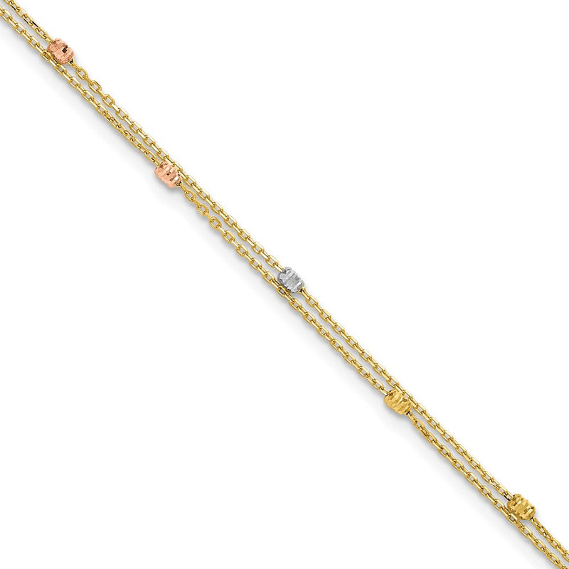 14K Tricolor Gold Tricolor Diamantiert Perlen 2-strand 9 Zoll Plus 1 Zoll Verlängerung - Total 10 Zoll Fußkettchen