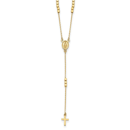 14K Gelbgold Poliert Wundertätig Medaille und Kreuz Rosenkranz Design 17.75 Zoll Y-drop Halskette