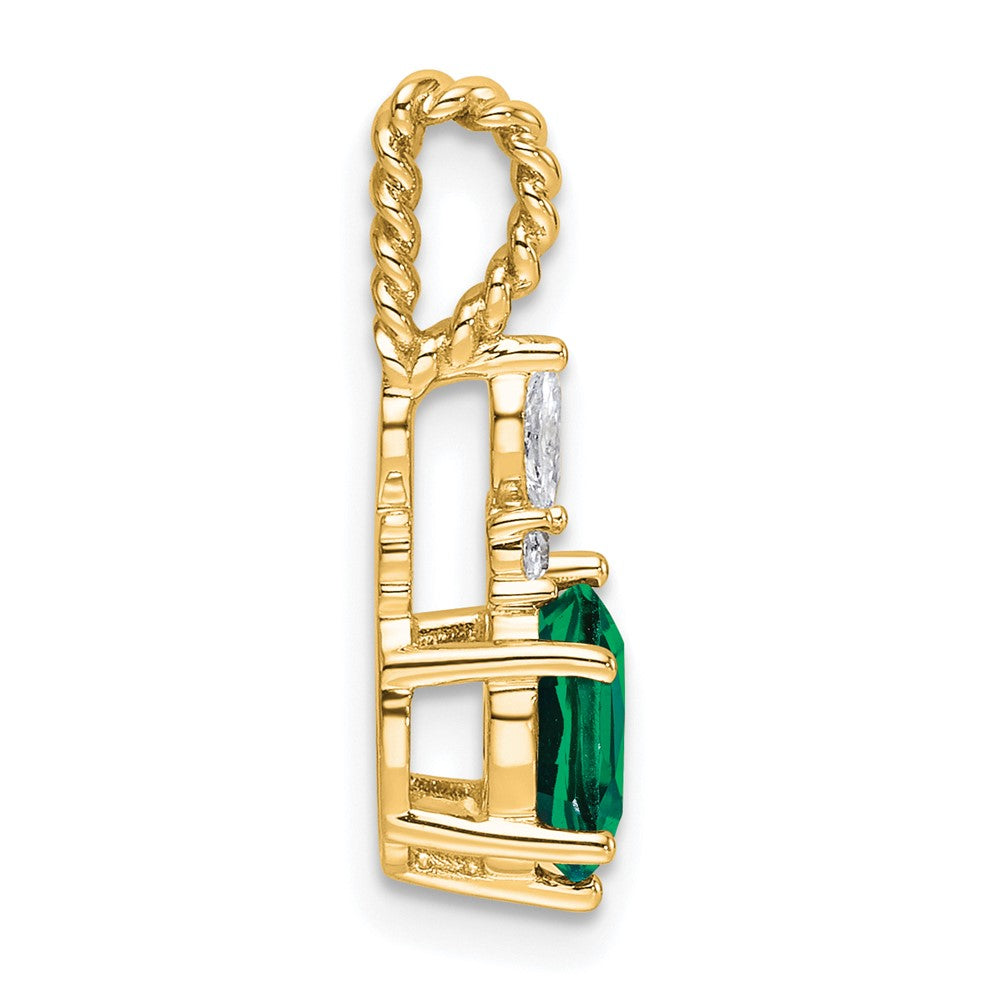 14K Gelbgold Diamant und 7x5 Oval May/im Labor Erzeugt Smaragd Gedreht Kette Anhänger