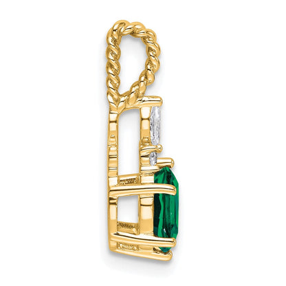14K Gelbgold Diamant und 7x5 Oval May/im Labor Erzeugt Smaragd Gedreht Kette Anhänger