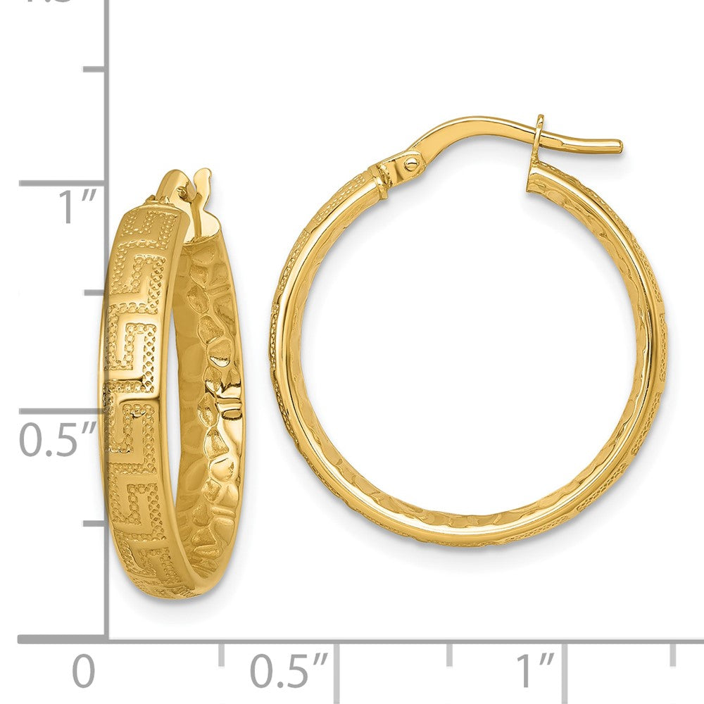 14K Gelbgold Poliert Greek Key Design Strukturiert 4.00 X 24mm Röhre Creolen