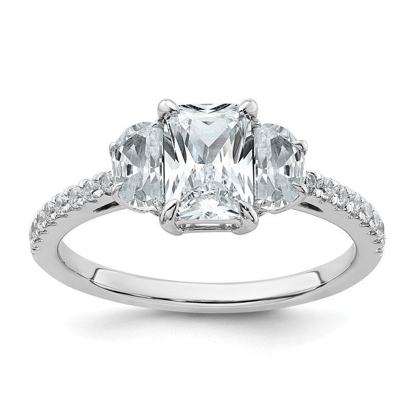 14K Weißgold 1,625 Karat zertifizierter Verlobungsring mit im Labor gezüchtetem Diamanten VS/SI+ G+ im Radiant-Schliff mit Halbmond-Diamanten, komplettes Drei-Stein-Design