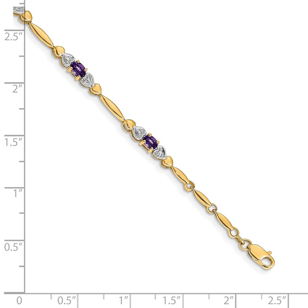 14K Gelbgold Komplett Diamant und Oval Amethyst Herz Design 7 Zoll Armband