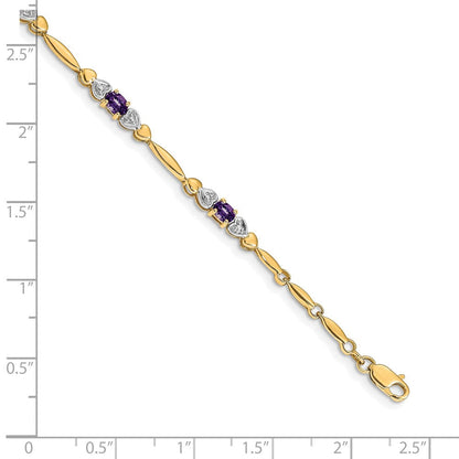 14K Gelbgold Komplett Diamant und Oval Amethyst Herz Design 7 Zoll Armband