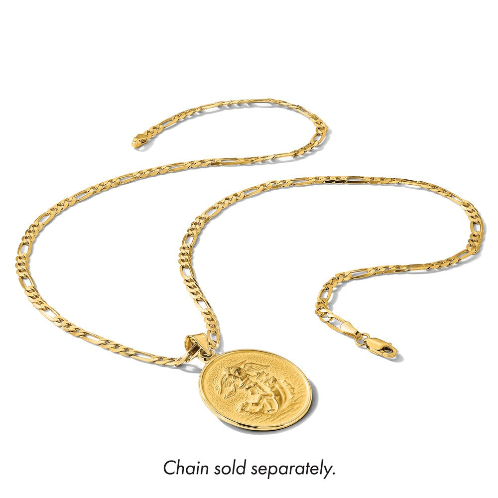 14K Gelbgold Poliert und Satiniert Massiv Groß St. Michael Medaille Rund Anhänger