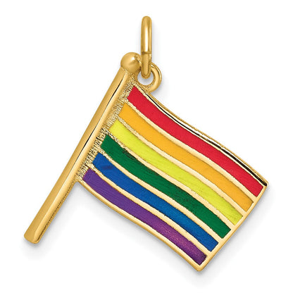 14K Gelbgold Polierter Emaillierter Regenbogen Wehende Flagge Anhänger
