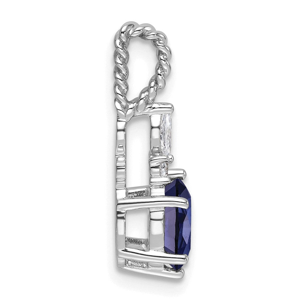 14K Weißgold Diamant und 7x5 Oval September/im Labor Erzeugt Saphir Gedreht Kette Anhänger