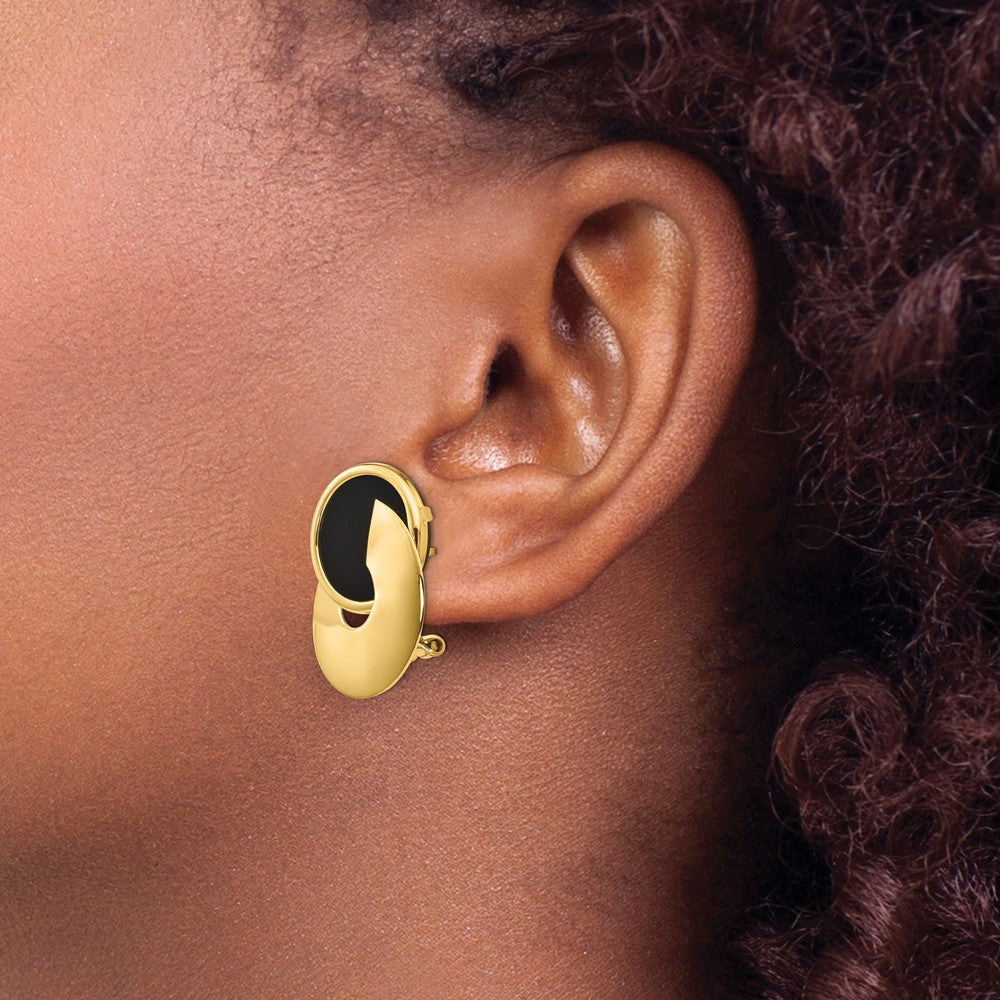 14K Gelbgold Onyx-Ohrringe im ausgefallenen zeitgenössischen Design mit Omega-Verschluss