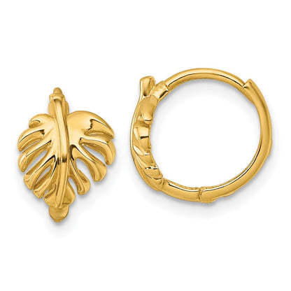 14K Gelbgold Poliert Monstera Blatt Rund Klappbar Creolen