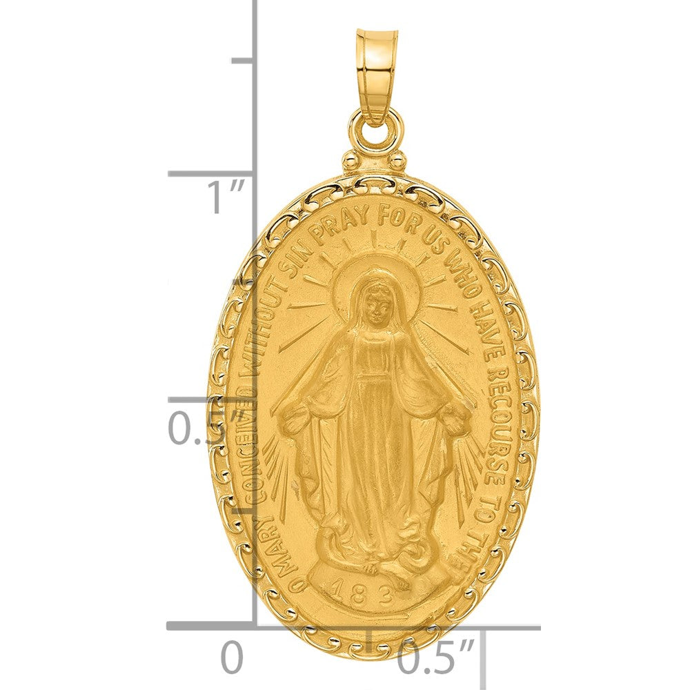 14K Gelbgold Poliert und Satiniert Massiv Wundertätig Medaille Oval Anhänger
