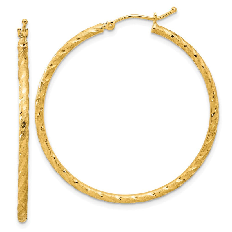 14K Gelbgold 2.00x40mm Poliert und Satiniert Diamantiert Gedreht Röhre Creolen