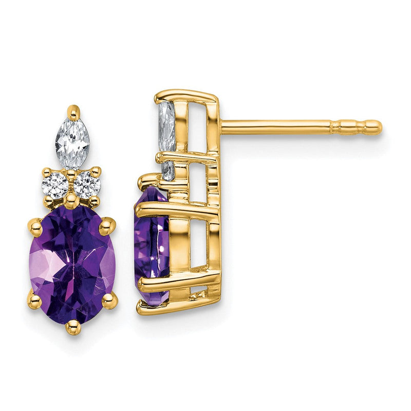 14K Gelbgold Ohrstecker mit Diamanten und ovalem 7x5 mm Amethyst (Februar-Geburtsstein)