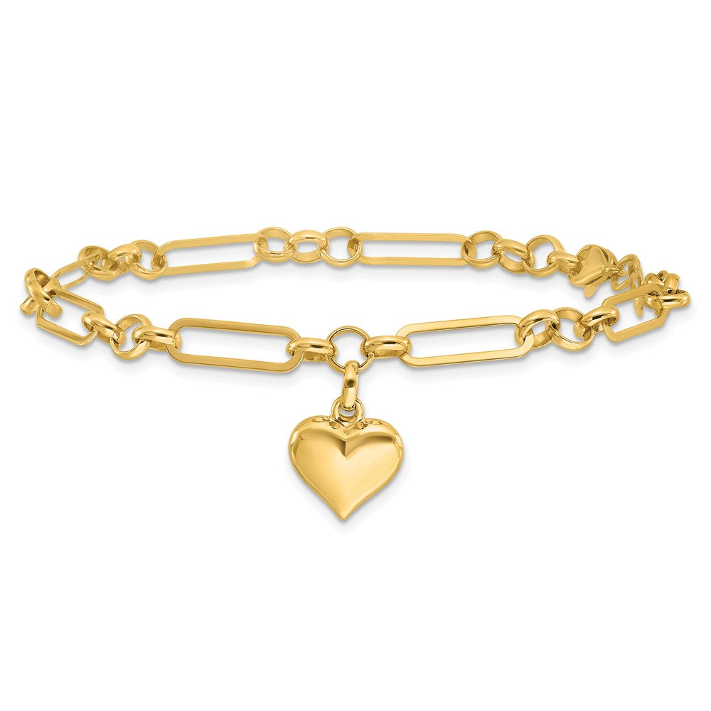 14K Gelbgold Poliert Gewölbt Herz Charm Hängend Figaro Glieder 7.5 Zoll Armband
