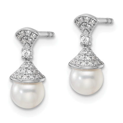 14K Weißgold Ohrhänger mit Diamant und weißer Süßwasser-Zuchtperle, poliert, 0,125 ct