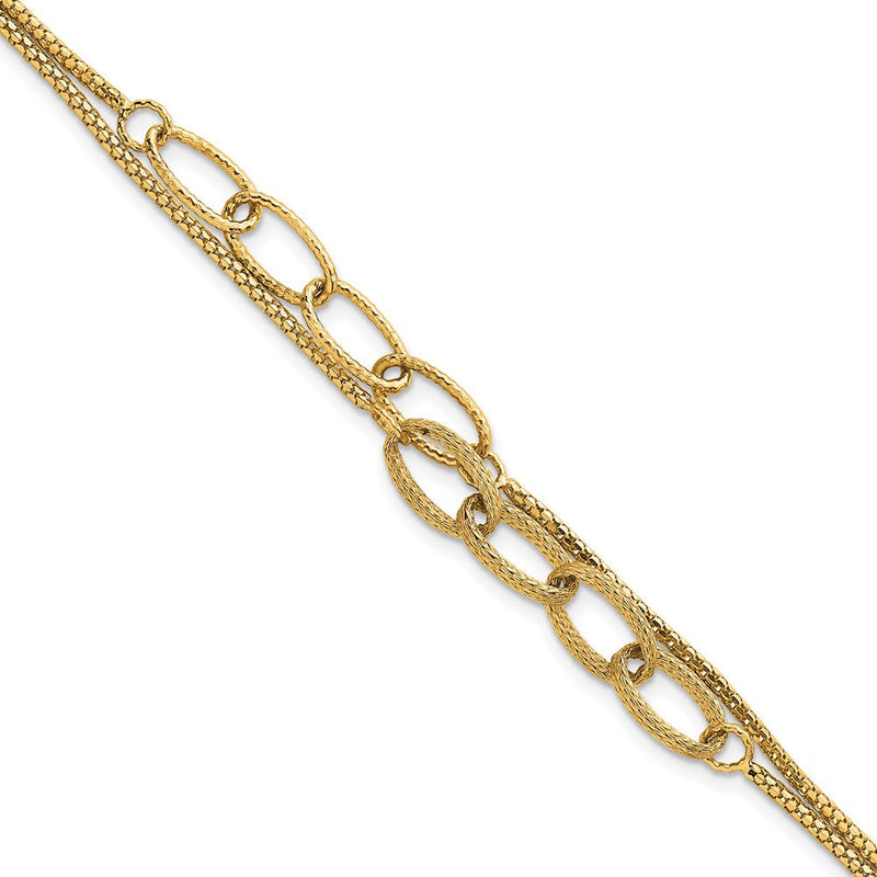 14K Gelbgold Poliert und Strukturiert Geflochten Doppelt Strang mit Oval Knöpfe 7.25 Zoll Armband