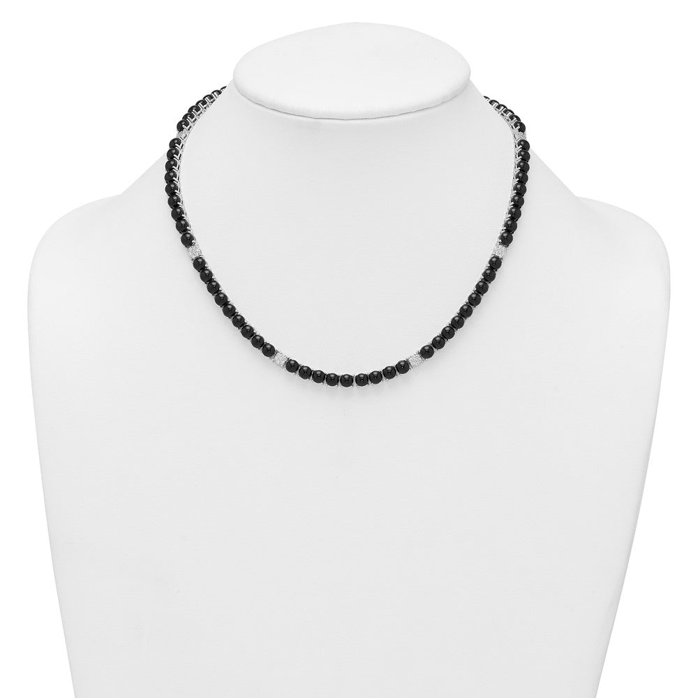 Sterlingsilber Rhodiniert Poliert Pavé Zirkonia und Onyx 17 Zoll mit 3 Zoll Verlängerung Halskette