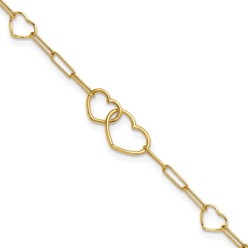 14K Gelbgold Poliert Doppelt Herzen und Paper Klammer Knöpfe 7.5 Zoll Armband