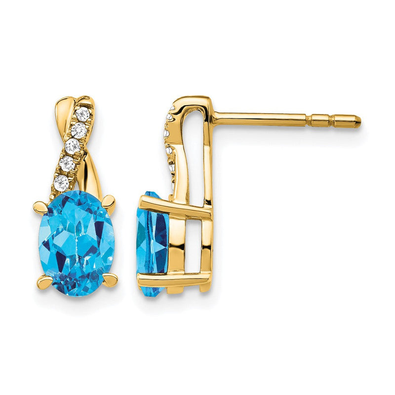 14K Gelbgold Ohrstecker mit ovalem blauem Dezember-Topas (7x5) und Diamanten