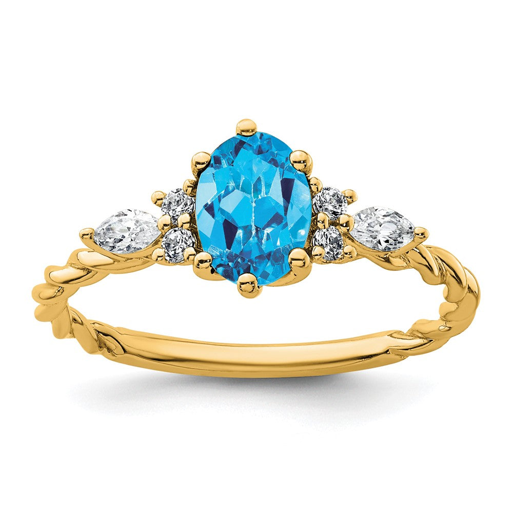 14K Gelbgold Ring mit Diamanten und 7x5 ovalem Dezember-/Blautopas, Größe 7, gedreht