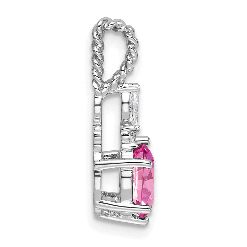 14K Weißgold Diamant und 7x5 Oval October/im Labor Erzeugt Rosa Saphir Gedreht Kette Anhänger