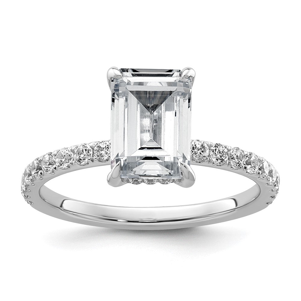 14K Weißgold 2 3/8K zertifizierter im Labor gezüchteter Diamant VS/SI+ G+ Emerald-Cut Solitär-Verlobungsring mit Flair, komplett