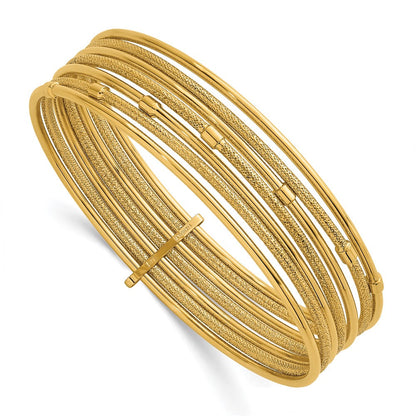 14K Gelbgold Poliert und Strukturiert Gekugelt 7-strand Schieber-on Rund Armreif Armband