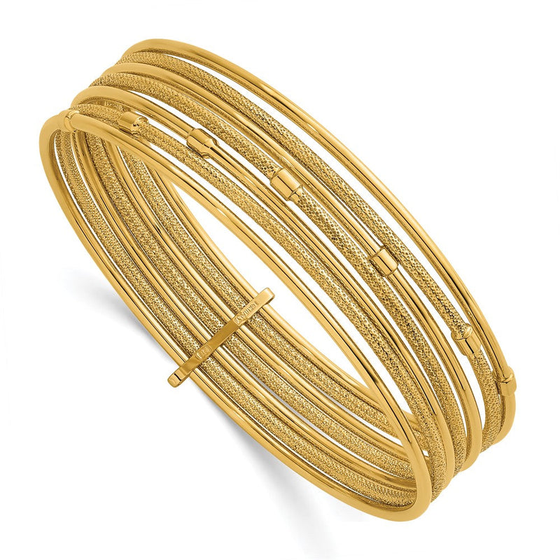 14K Gelbgold Poliert und Strukturiert Gekugelt 7-strand Schieber-on Rund Armreif Armband