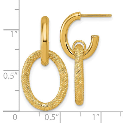 14K Gelbgold Poliert und Strukturiert Oval Hängend C-hoop Ohrstecker