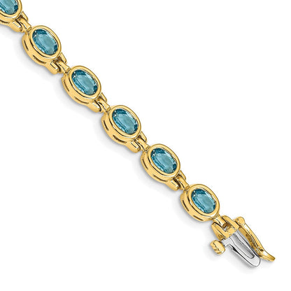 14K Gelbgold Komplett Oval Schweizer Blautopas Zargenfassung-set 7 Zoll Armband