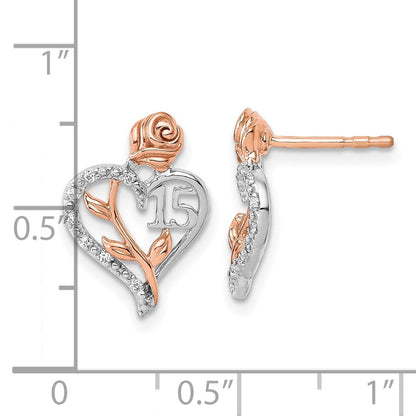 14K Weiß- und Roségold Diamant-Herz-Ohrstecker "Quinceañera 15" mit 0,05K