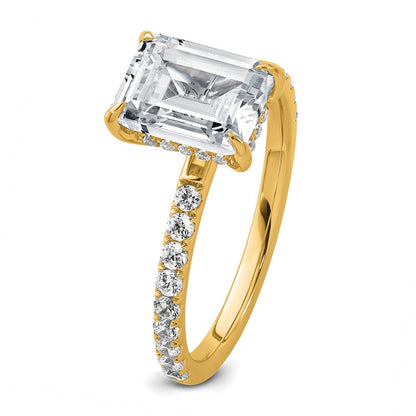 14K Gelbgold 2,375 Karat zertifizierter im Labor gezüchteter Diamant VS/SI+ G+ Smaragd Komplett-Solitär-Verlobungsring mit Flair