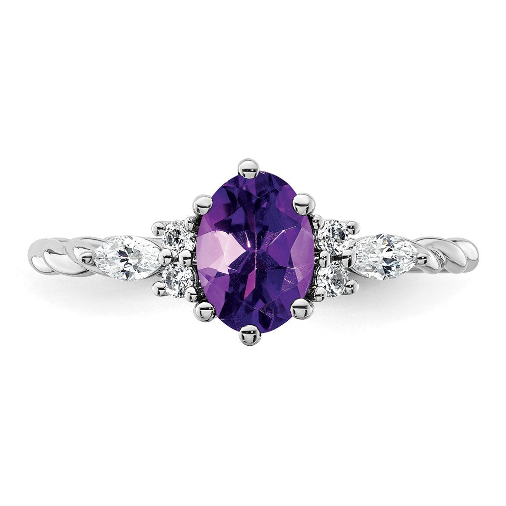 14K Weißgold Ring mit Diamanten und 7x5 ovalem Amethyst (Februar), verschlungen, Größe 7