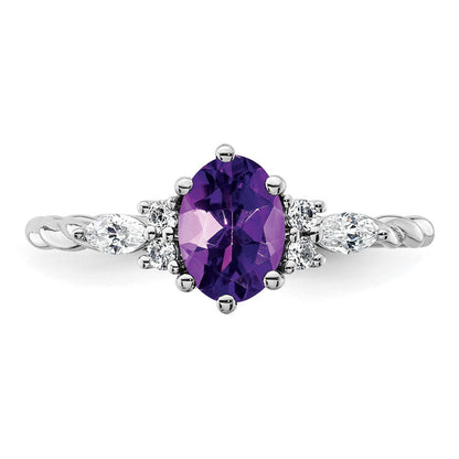 14K Weißgold Ring mit Diamanten und 7x5 ovalem Amethyst (Februar), verschlungen, Größe 7