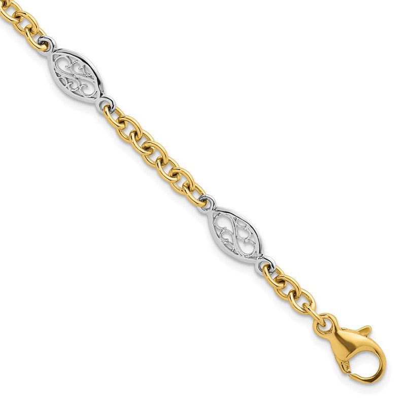 14K Bicolor Gold Bicolor Poliert 6.5mm Fantasie Ankerkette Kette und Filigran Oval 7.25 Zoll Armband