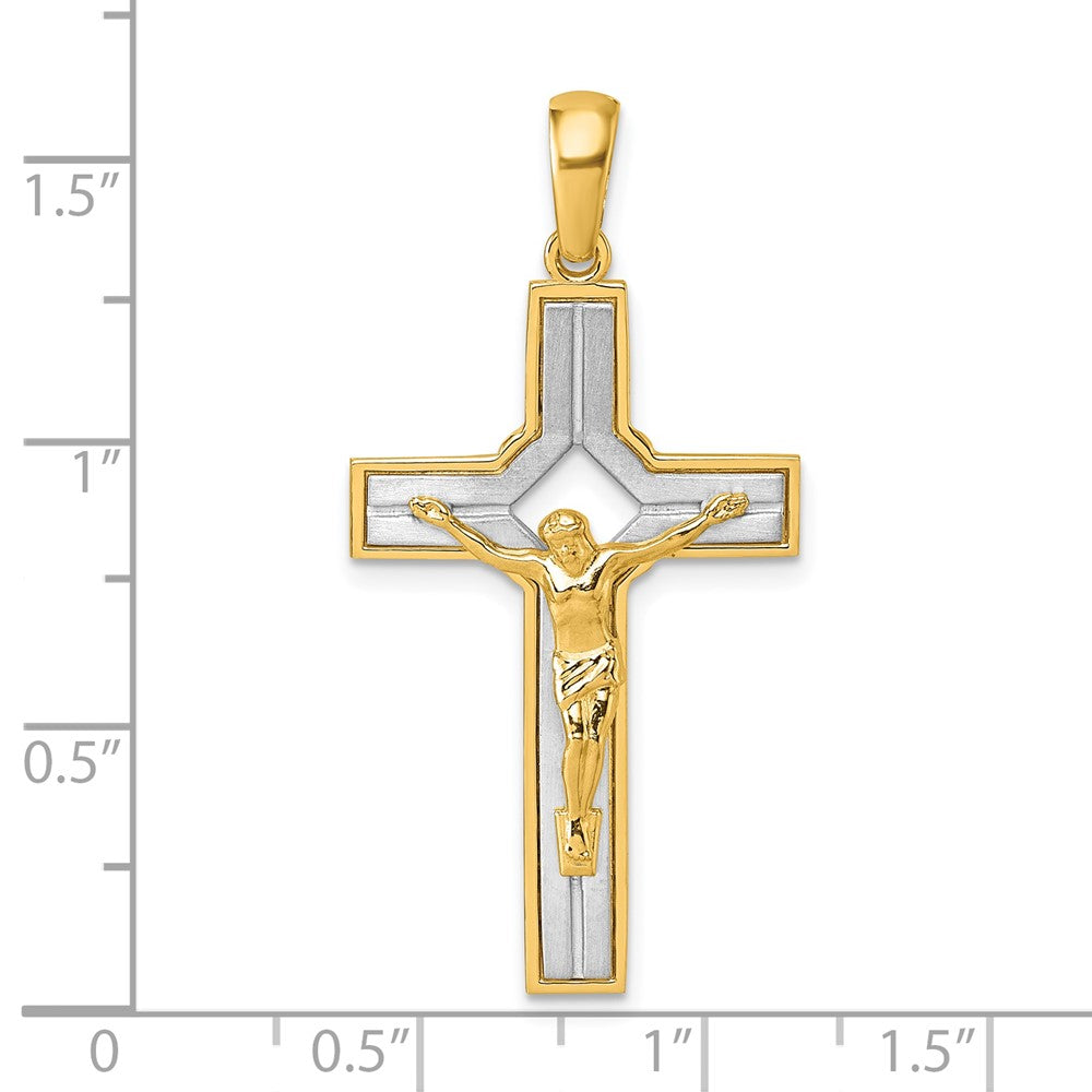 14K Bicolor-Gold Kruzifix-Anhänger, poliert und satiniert, mit quadratischem Ausschnitt