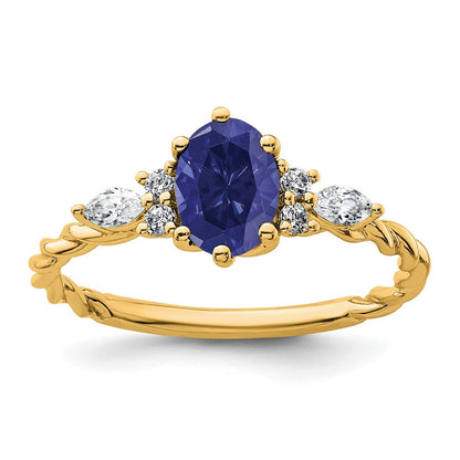 14K Gelbgold Ring mit Diamant und ovalem 7x5 mm September/im Labor gezüchtetem Saphir, gedreht, Größe 7