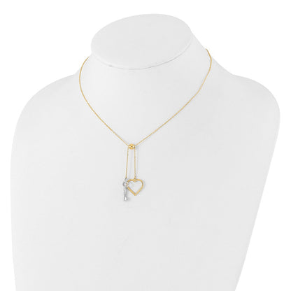 14K Bicolor Gold Bicolor Poliert Verstellbar-dangle Herz und Key 17 Zoll Lariat Halskette